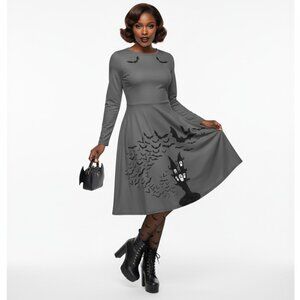 Goth Bat Print Long Sleeve Pinup Midi Dress with Pockets